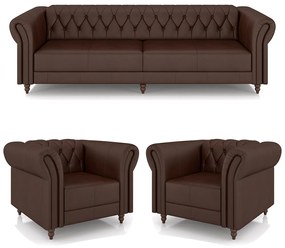 Conjunto Sala de Estar 1 Sofá Living 240cm e 2 Poltronas Stanford Chesterfield Pés Madeira Couro Marrom Brilho G58 - Gran Belo