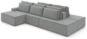 Sofá Ilha com Encosto e Almofadas Delta 415cm Modulado Chaise e Puffs Veludo Cinza G52 - Gran Belo