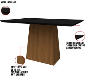 Mesa de Jantar Retangular Tampo com Vidro Bella 135 cm Preto Base Imbuia - D'Rossi