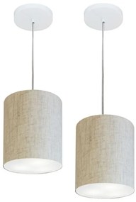 Kit/2 Lustre Pendente Cilíndrico Md-4012 Cúpula em Tecido 18x25cm Rustico Bege - Bivolt
