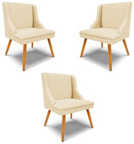 Kit 3 Cadeiras Decorativas Sala de Jantar Pés Palito de Madeira Firenze Veludo Luxo OffWhite/Natural G19 - Gran Belo