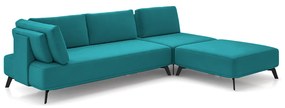 Sofá de Canto Modulado 242cm Sabrina Pés em Aço com Puff Veludo Azul Tiffany G52 - Gran Belo