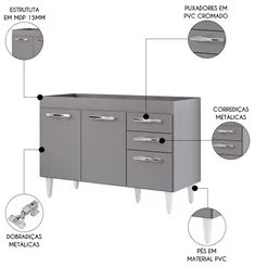 Balcão Gabinete Para Pia 120cm 3 Portas sem Tampo Suécia Cinza - Lumil