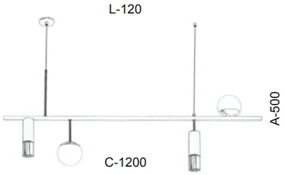 Pendente Retangular Misto 120X12X50Cm Tubo Metal E Globo Ø10Cm 02Xmr11... (COBRE FOSCO, CLEAR (TRANSPARENTE))