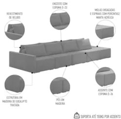 Sofá Ilha Modular com Puff para Sala Living 392cm Georgia Z08 Veludo C