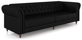 Sofá Living Sala de Estar Stanford Chesterfield 3 Lugares 240cm Pés de Madeira Couro Preto Brilho G58 - Gran Belo