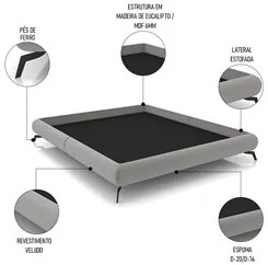 Cama King Base Box 193x203cm Pés de Ferro Cold P02 Veludo Cinza - Mpoz