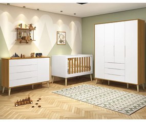 Kit Quarto Infantil com Pés Retrô Natural - Cômoda Elfe 4 Gavetas e 1 Porta + Guarda-Roupa Elfe + Berço Mini Cama Noah - Branco Fosco e Savana