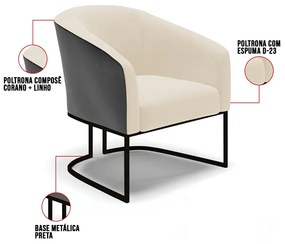 Namoradeira e 2 Poltronas Industrial Preto Stella Pto/Linho Bege D03 - D'Rossi