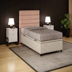 Cabeceira com Base Cama Box Baú Solteiro 88x188cm Hit ID5 Linho Rosê/S