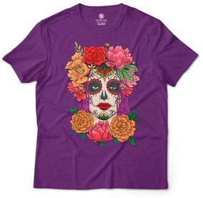 Camiseta Unissex Caveira Mexicana Mulher Dia de Los Muertos 2 - Roxo - G