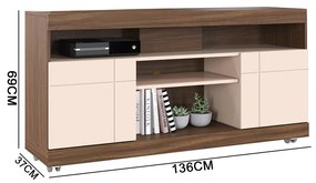 Rack para Sala Bancada de TV 47 Pol 136cm Ariele C04 - D'Rossi - Nogueira Real e Off White