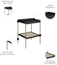 Mesa Lateral Com Prateleira Pé Metal Arlo A10 Nero/Dourado - Mpozenato