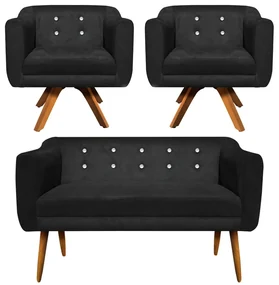 Kit 01 Namoradeira 02 Lugares e 02 Poltronas Giratória Julia Suede Preto com Strass Base Madeira MM30 D'Rossi