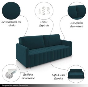 Sofá-Cama Decorativo Retrátil Thanos 2 Lugares 220cm Veludo Azul Marinho G45 - Gran Belo