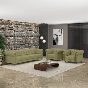 Conjunto Sala de Estar 1 Sofá Living 220cm e 2 Poltronas Stanford Chesterfield Pés Madeira Couro Fendi G58 - Gran Belo