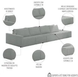 Sofá Ilha Modular com Puff para Sala Living 432cm Georgia Z08 Boucle C