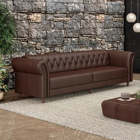 Sofá Living Sala de Estar Stanford Chesterfield 3 Lugares 260cm Pés de Madeira Couro Marrom Brilho G58 - Gran Belo