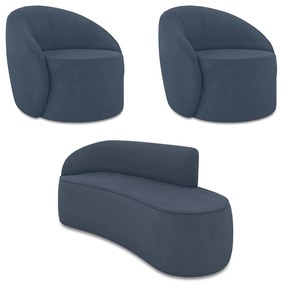 Sofá 3 Lugares Orgânico 180cm Morgan e 2 Poltronas Lua Suede D03 - D'Rossi - Azul Marinho