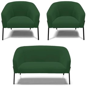 Namoradeira e 2 Poltronas Pé de Ferro Preto Stella Veludo Verde D03 - D'Rossi