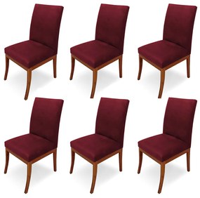 Conjunto 6 Cadeiras Raquel para Sala de Jantar Base de Eucalipto Suede Bordô