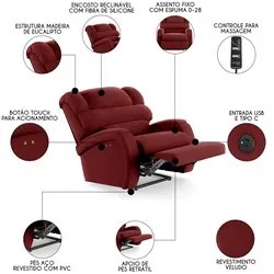 Poltrona do Papai Reclinável Kalie Power Touch Massagem FH9 Veludo Ver