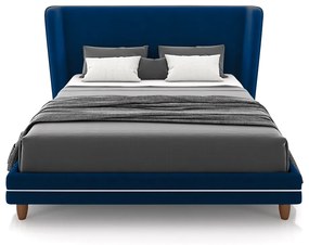 Conjunto Cama com Cabeceira Casal Torres Pés em Madeira Veludo Azul G91 - Gran Belo