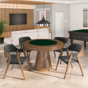 Conjunto Mesa de Jogos Carteado Bellagio Tampo Reversível e 4 Cadeiras Madeira Poker Base Cone Veludo Cinza/Nogueira G42 - Gran Belo