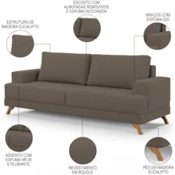 Sofá 3 Lugares 200cm Living Pés Curvos Santi D05 Bouclé Capuccino - Mp