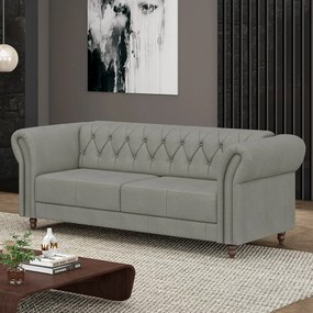 Sofá Living Sala de Estar Stanford Chesterfield 2 Lugares 180cm Pés de Madeira Couro Cinza G58 - Gran Belo