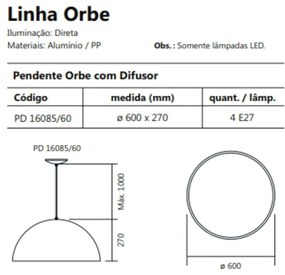 Pendente Orbe C/ Difusor Acrílico Metal Ø60X27Cm 4Xe27 / Meia Esfera |... (CB-M - Cobre Metálico)