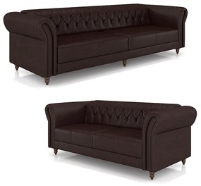 Conjunto de Sofá Sala de Estar Stanford Chesterfield 2 e 3 Lugares 180cm/240cm Pés Madeira Couro Wine Vinho G58 - Gran Belo