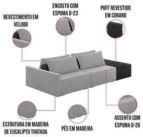 Sofá Ilha 2 Lugares Living 252cm Modulado Sala Lary Veludo Cinza/PU Pto K01 - D'Rossi