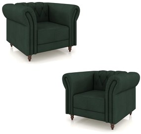 Kit 2 Poltronas Decorativas Sala de Estar Stanford Chesterfield Pés de Madeira Couro Verde G58 - Gran Belo