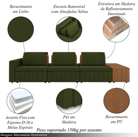 Sofá Ilha com Encosto e Almofadas Móveis Olimpo 335cm Modulado Linho/PU Verde/Caramelo G45 - Gran Belo