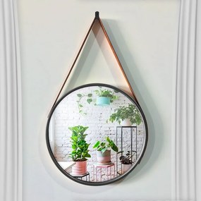 Espelho Decorativo Adnet Redondo Preto 45 cm com Alça Marrom - D'Rossi
