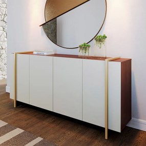 Aparador Buffet 4 Portas Oliwia 160cm Sala Jantar Pé Dourado C04 - D'Rossi - Off White e Nogueira