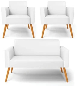 Sofá Namoradeira com 2 Poltronas Pés Palito Castanho Marisa Corino D03 - D'Rossi - Branco