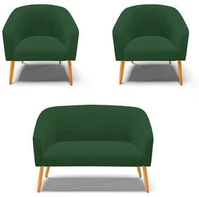 Namoradeira e 2 Poltronas Pé Palito Castanho Stella Veludo D03 - D'Rossi - Verde