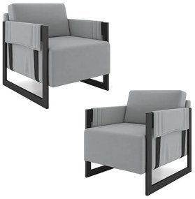 Kit 2 Poltronas Decorativa Sala de Estar Moria Base em Ferro Veludo Preto/Cinza G33 - Gran Belo