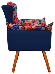 Poltrona Opala Romero Britto D15 e Suede Azul Marinho Pés Palito Castanho D'Rossi