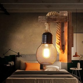 Arandela Luminária Loft americano industrial retro lâmpada de parede e27 madeira led corredor varanda luz parede para barra sala estar gaiola ferro pendurar arandela - A