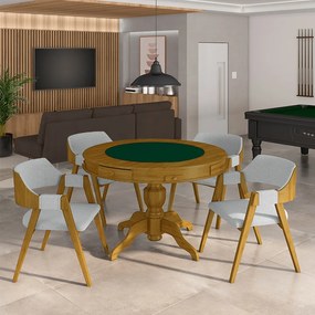 Conjunto Mesa de Jogos Carteado Bellagio Tampo Reversível Verde e 4 Cadeiras Madeira Poker Base Estrela Linho Cinza/Mel G42 - Gran Belo