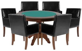 Mesa de Jogos Carteado Redonda Montreal Tampo Reversível Imbuia com 6 Cadeiras Liverpool Corino Preto Liso G36 G15 - Gran Belo