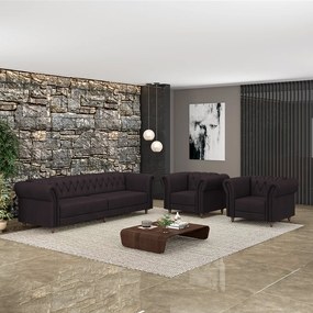 Conjunto Sala de Estar 1 Sofá Living 240cm e 2 Poltronas Stanford Chesterfield Pés Madeira Couro Borgonha G58 - Gran Belo