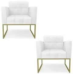 Poltrona Base Industrial Dourado Kit 2 Ana Sintético PU Branco - Ibiza
