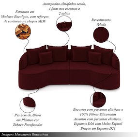 Sofá Living Decorativo Salinas 4 ou mais Lugares com Almofadas 290cm Modulado Veludo Bordô G33 - Gran Belo