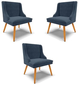 Kit 3 Cadeiras Decorativas Sala de Jantar Pés Palito de Madeira Firenze Suede Azul Marinho/Natural G19 - Gran Belo