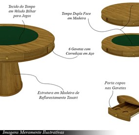 Conjunto Mesa de Jogos Carteado Bellagio Tampo Reversível e 6 Cadeiras Madeira Poker Base Cone Veludo Cinza Escuro/Mel G42 - Gran Belo
