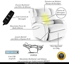 Poltrona do Papai Sala de Cinema Reclinável Kylie Elétrica Botão com Led Massagem USB PU Branco G23